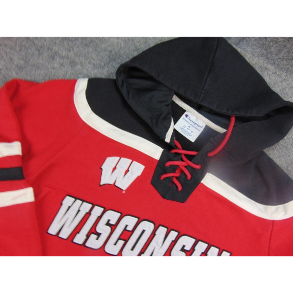 Wisconsin Badgers Hoodie Mens Med Champion Red Striped Hockey Lace Up Pullover